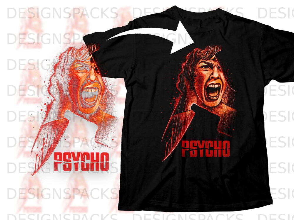 Black t-shirt with a red Psycho graphic and a screaming face.