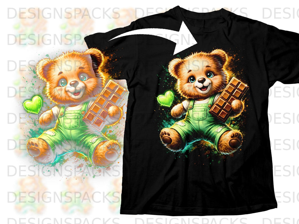 Cute cartoon bear in green overalls holding chocolate bar on black t-shirt.