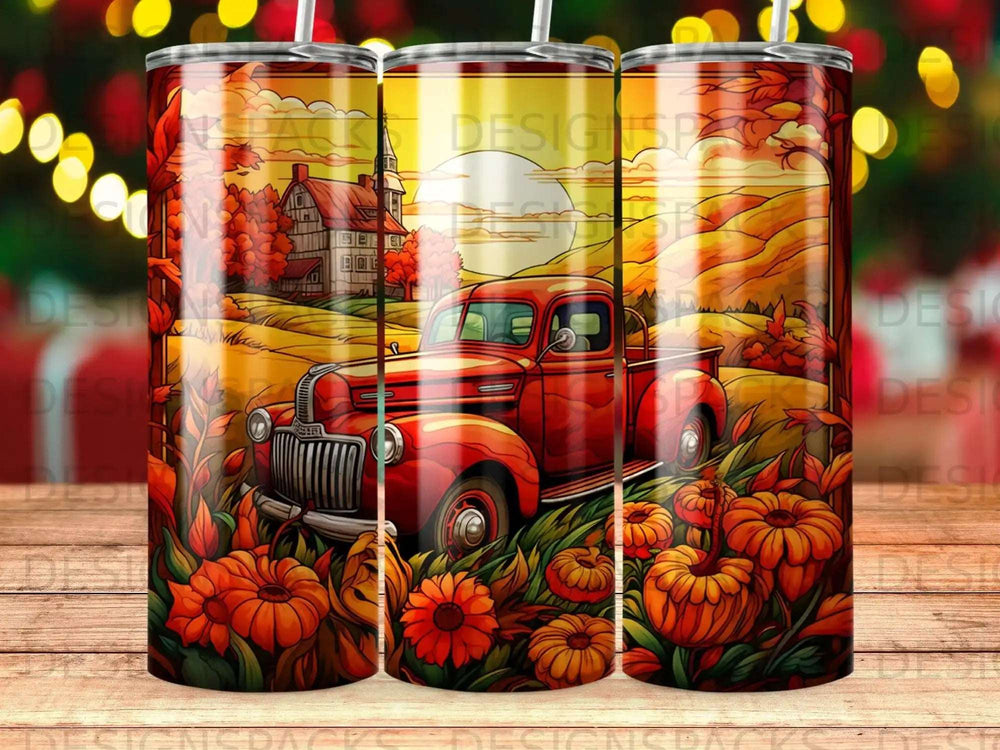 Red vintage truck in autumn landscape with pumpkins and sunflowers.