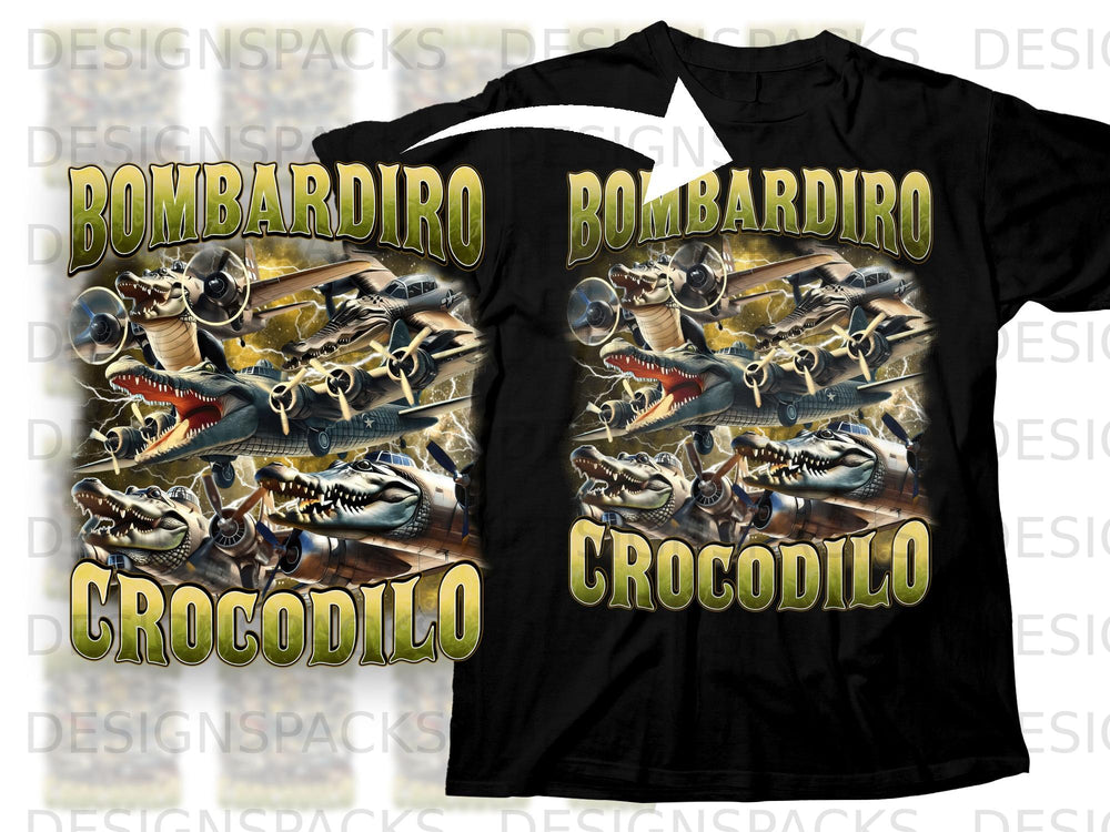 Black t-shirt with "Bombaridiro Crocodilo" text and cartoon crocodiles in planes.