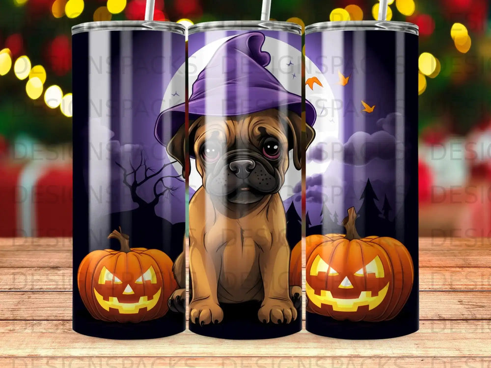 Scared pug in witch hat with jack-o'-lanterns, Halloween design.