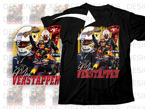 Max Verstappen racing car and driver graphic on black t-shirt.