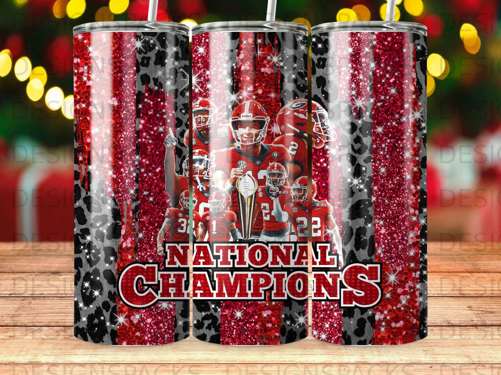 Glittering "National Champions 2023" text with football players and leopard print.