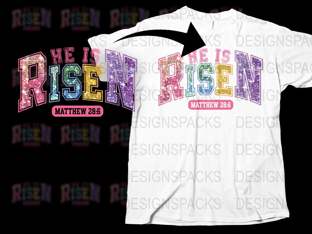 He is Risen Matthew 28:6 Christian T-Shirt, Colorful Religious Easter Tee, Unisex Bible Verse Shirt, Faith Apparel