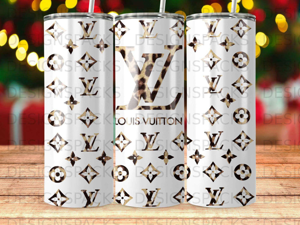 Louis Vuitton monogram pattern on a white tumbler with leopard print accents.