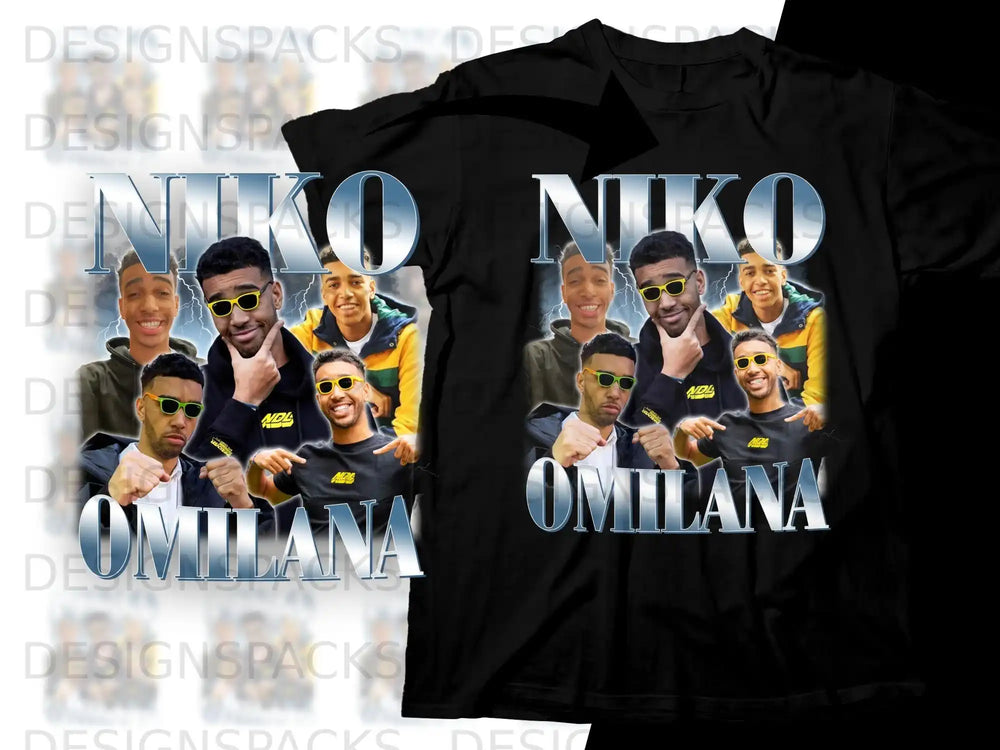 Black t-shirt featuring "NIKO OMILANA" and a collage of photos.