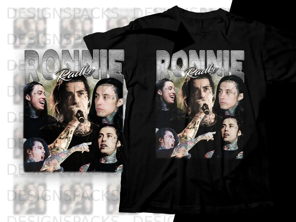 Ronnie Radke collage on a black t-shirt.