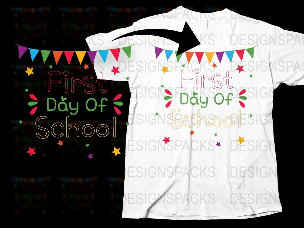 First Day of School T-Shirt, Kids White Tee, Colorful Banner Design, Back to School Outfit