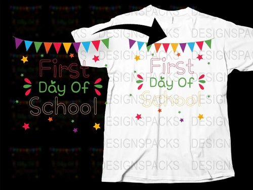 First Day of School T-Shirt, Kids White Tee, Colorful Banner Design, Back to School Outfit