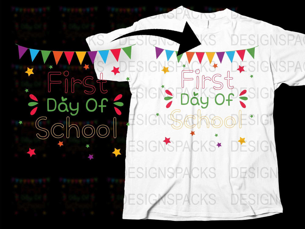 First Day of School T-Shirt, Kids White Tee, Colorful Banner Design, Back to School Outfit