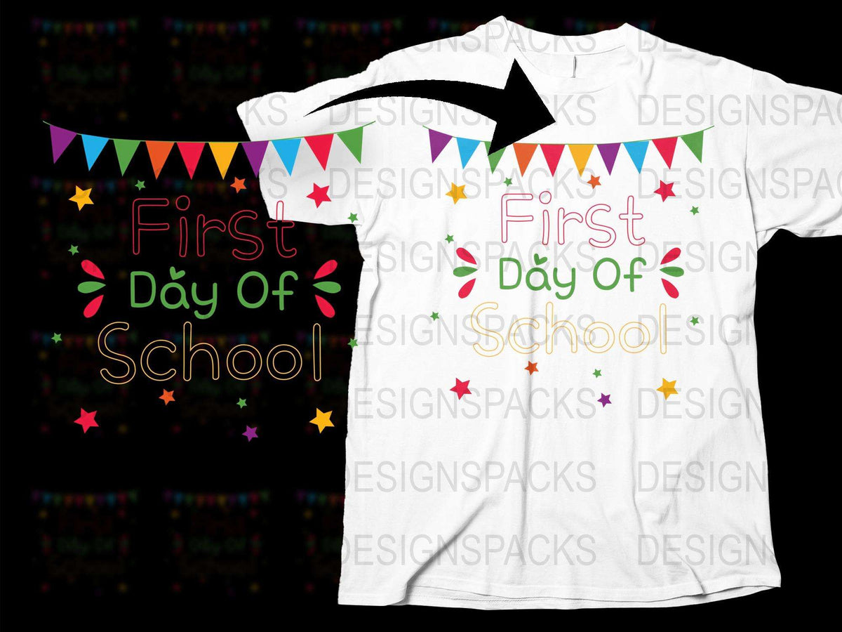 First Day of School T-Shirt, Kids White Tee, Colorful Banner Design, Back to School Outfit