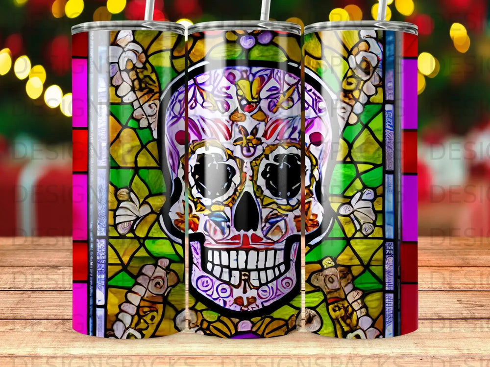 Day of the Dead sugar skull with floral and stained glass accents on a tumbler.