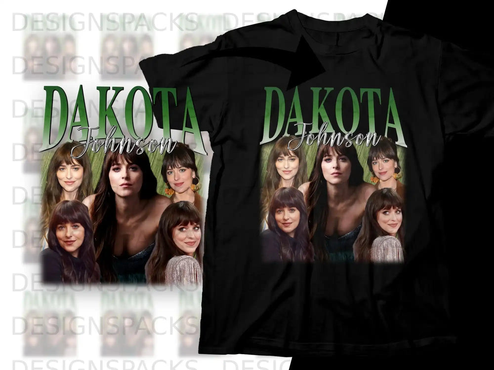 Dakota Johnson collage on a black t-shirt.