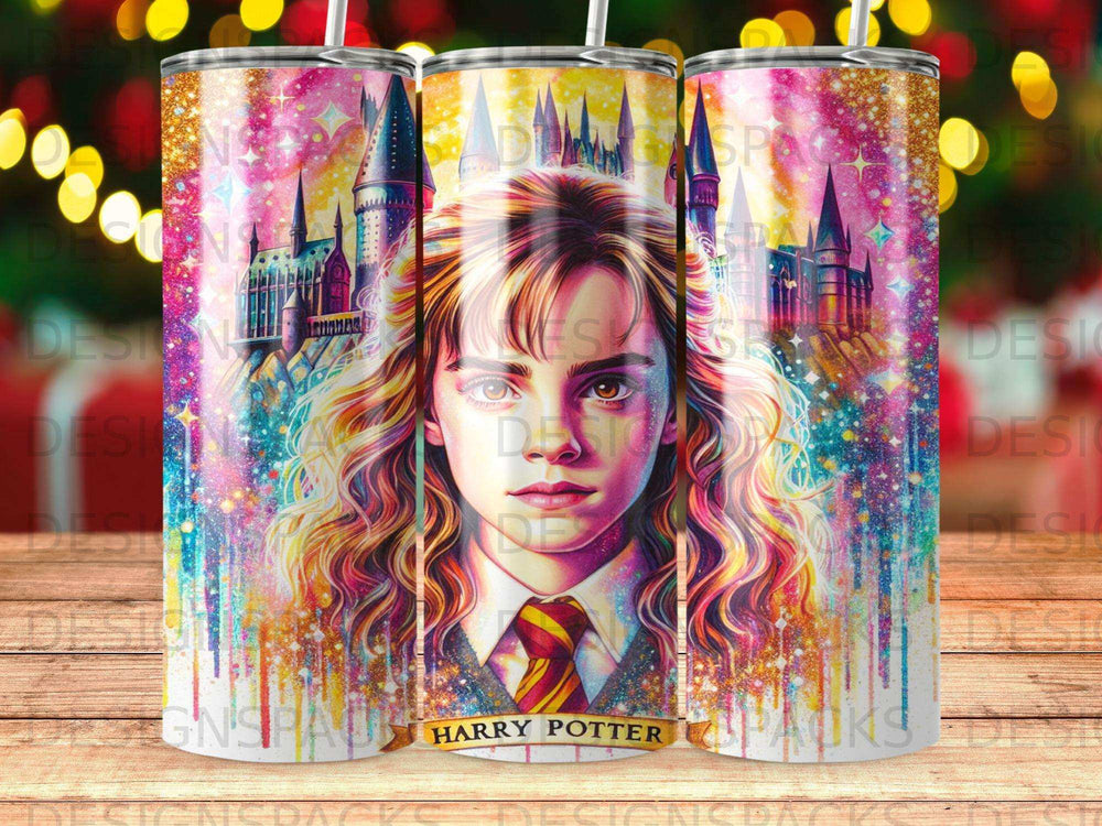 Harry Potter's face, Hogwarts castle, and glitter on a tumbler.
