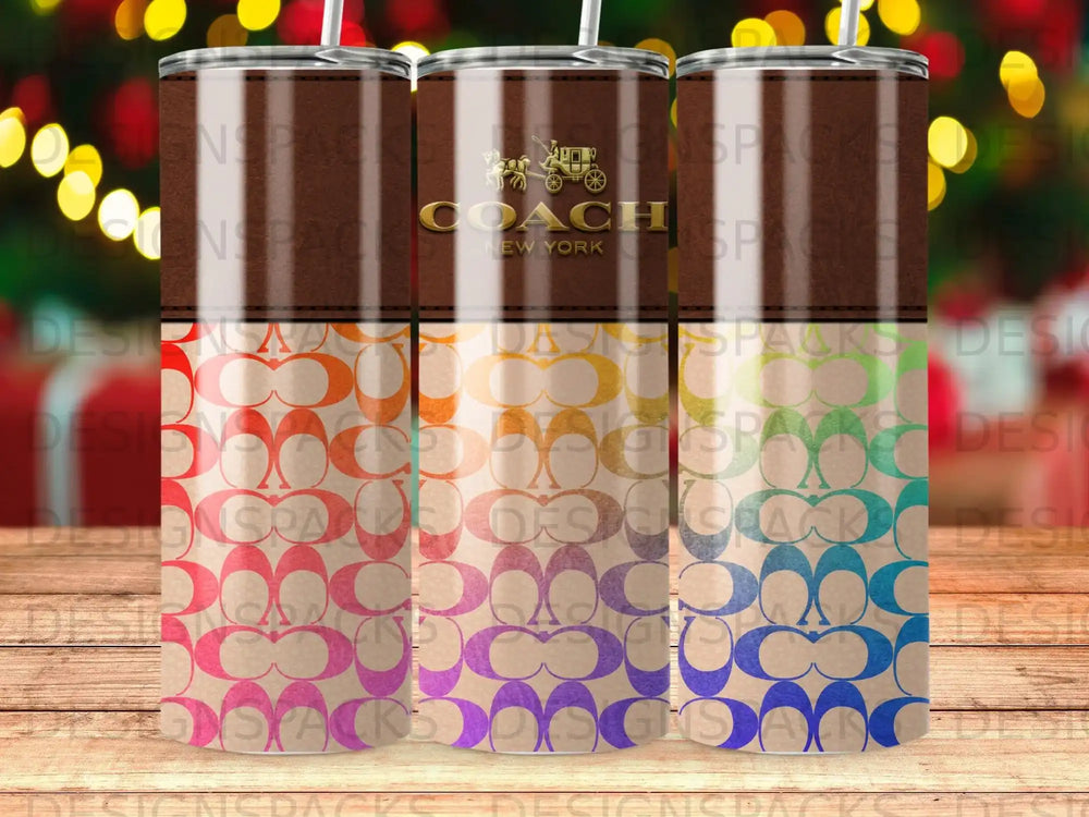 Coach logo tumbler with repeating brown and colorful C pattern.