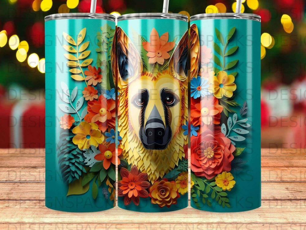German Shepherd head with vibrant floral border on teal tumbler.