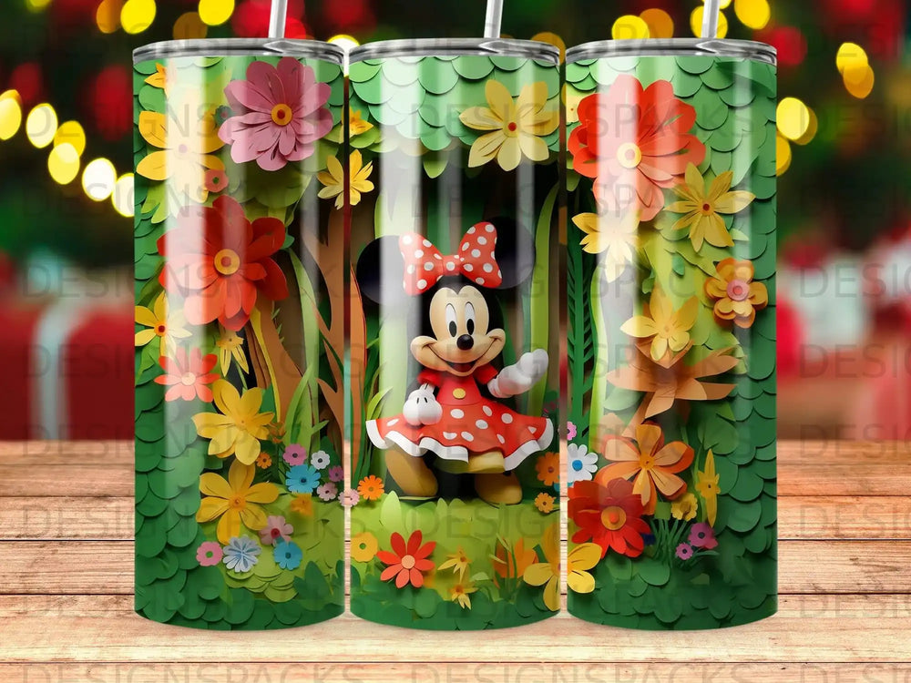 Minnie Mouse in a red dress standing in a forest with flowers.