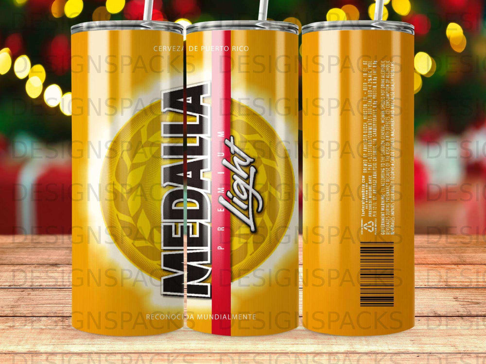 Medalla Light Cerveza de Puerto Rico beer can with text and warnings.