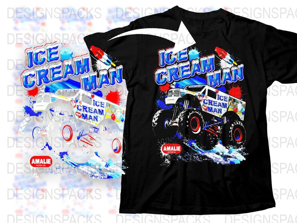 Ice Cream Man Monster Truck T-Shirt, Bold Graphic Tee, Colorful Kids Racing Shirt, Casual Summer Top