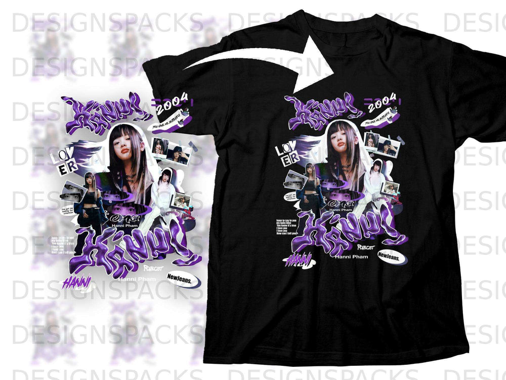 Black t-shirt featuring Hanni Pham and "NewJeans." graphics with "2004" and "Love Era" text.