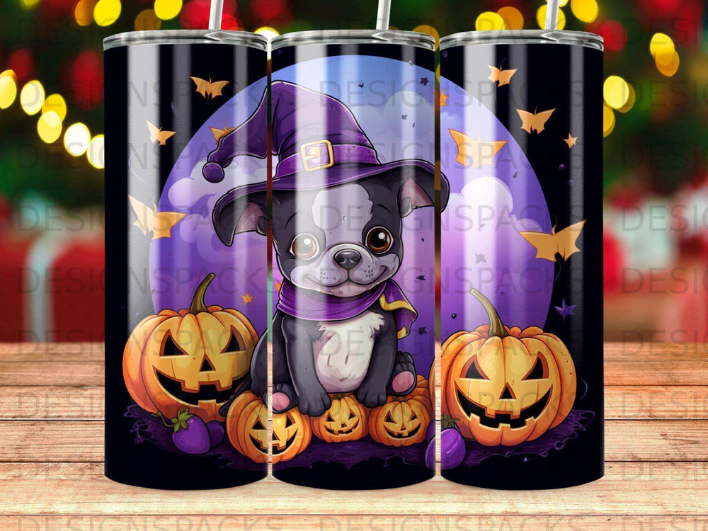 Witch dog with pumpkins and bats on Halloween tumbler.