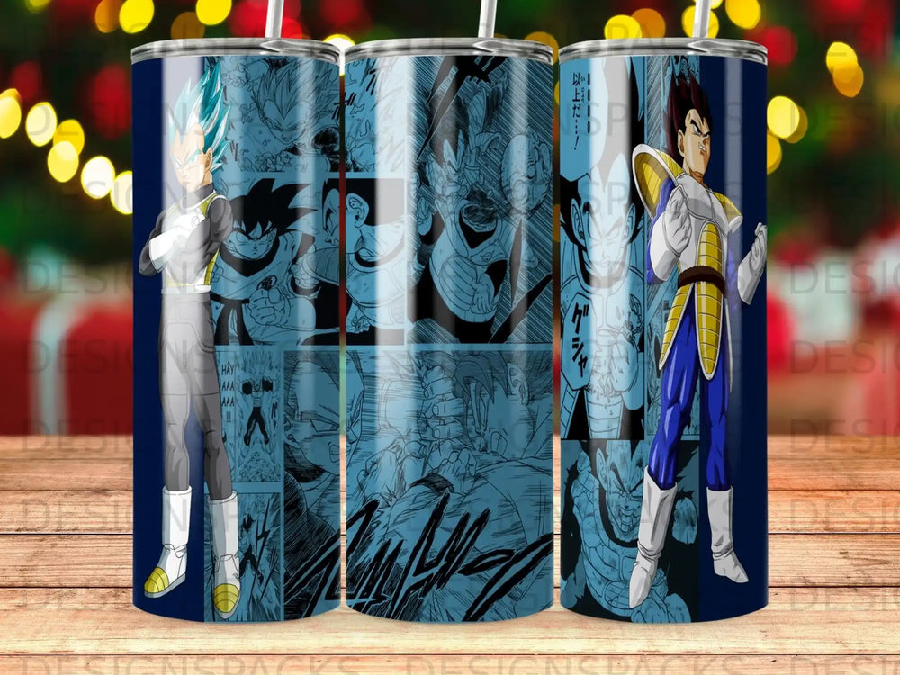 Dragon Ball Z characters Goku and Vegeta on a blue and black patterned tumbler.