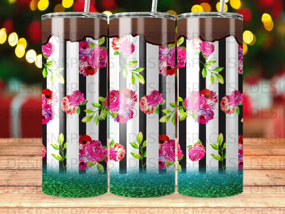 Floral tumbler with chocolate drip and sparkly green base.