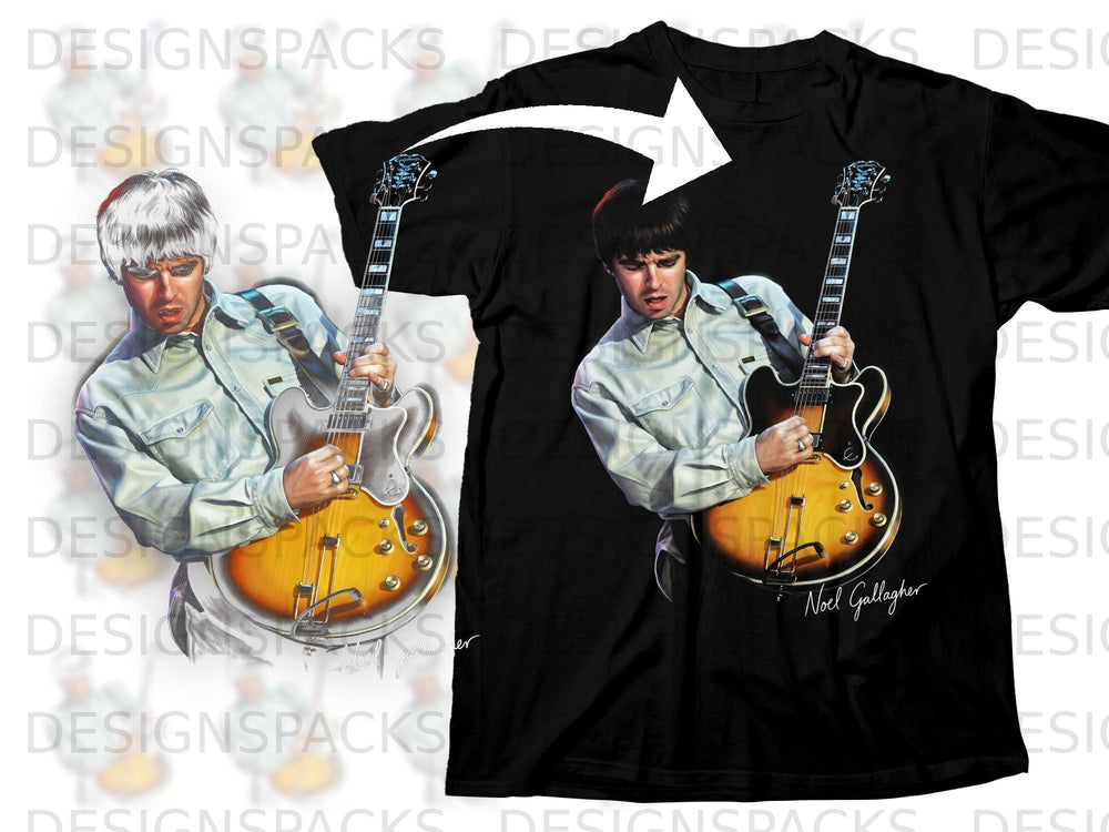 Black t-shirt with a graphic of Noel Gallagher playing a guitar.