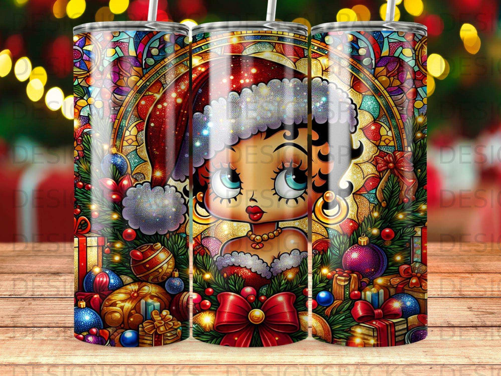 Betty Boop in Santa hat surrounded by Christmas ornaments and gifts.