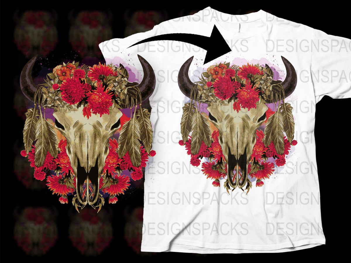 Bohemian Skull T-Shirt with Floral Horns, Gothic Red Flowers, Moon Graphic Tee, Unisex Fashion Top