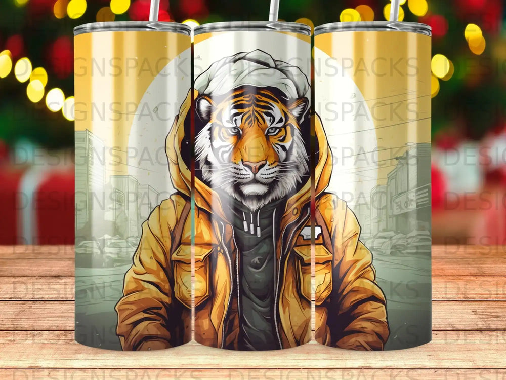 Tiger wearing a hooded jacket with streetwear design.