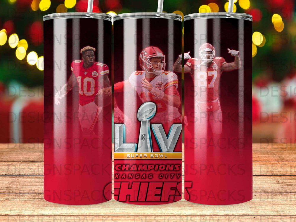 Kansas City Chiefs Super Bowl LIV champions with Patrick Mahomes and Travis Kelce.