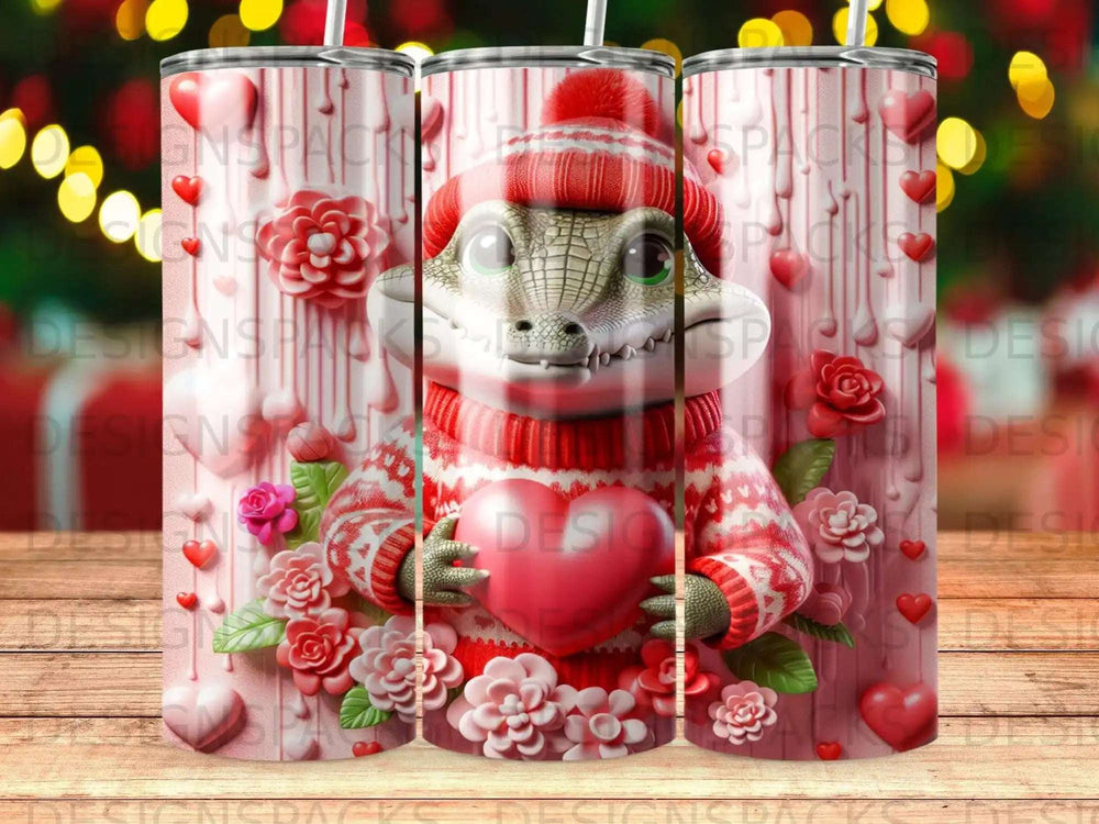 Crocodile in a festive sweater holding a heart, surrounded by floral decorations.