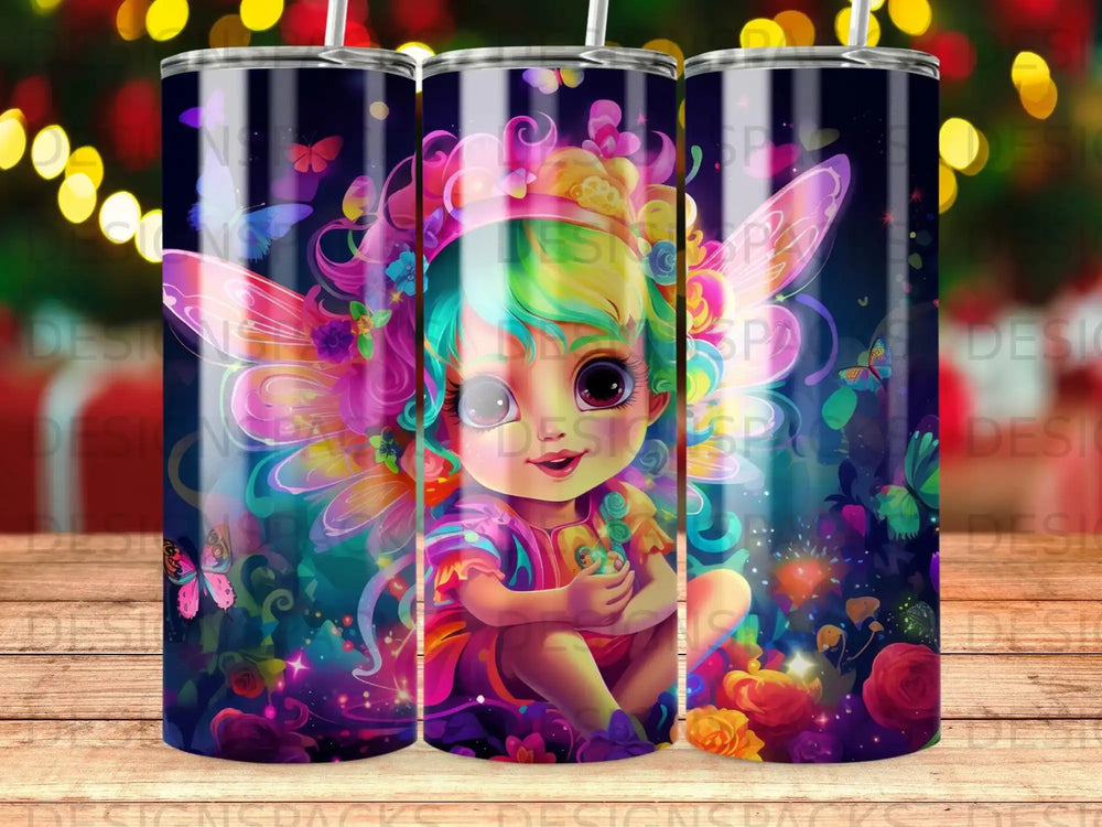 Fairy with colorful wings and butterflies, surrounded by flowers and magical lights.