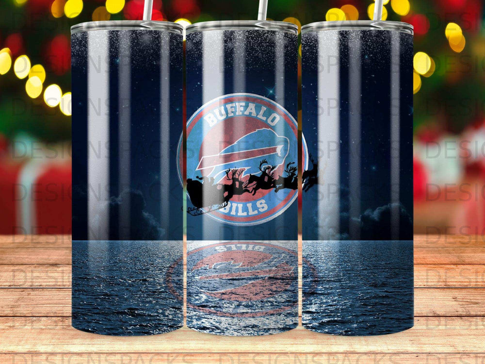Buffalo Bills logo with Santa and reindeer, reflecting on water.