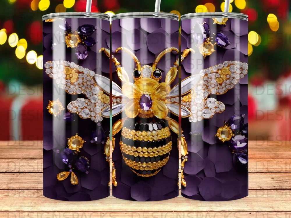Tapered tumbler with a bejeweled bee design on a purple hexagonal background.