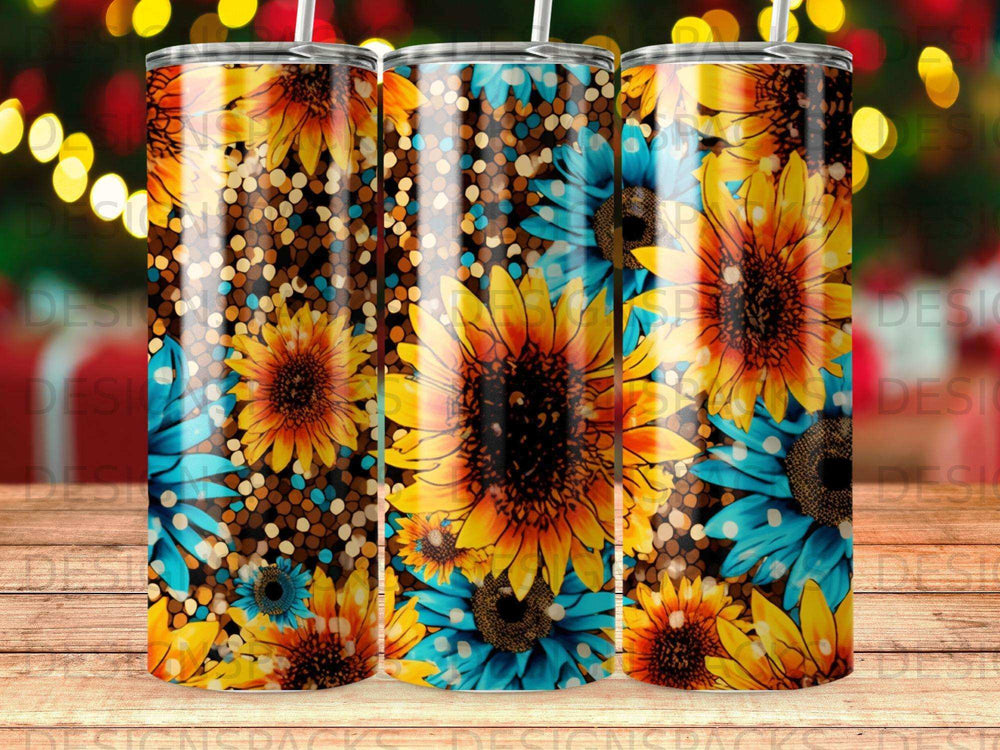 Sunflower and blue flower pattern on a tumbler with bokeh lights background.