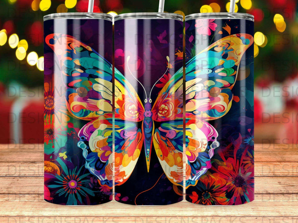 Colorful butterfly with floral accents on a dark background.