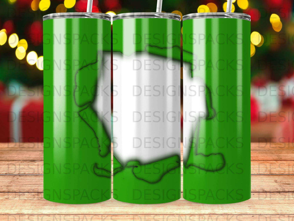 Green tumbler with repeated "DESIGNSPACKS" text pattern.