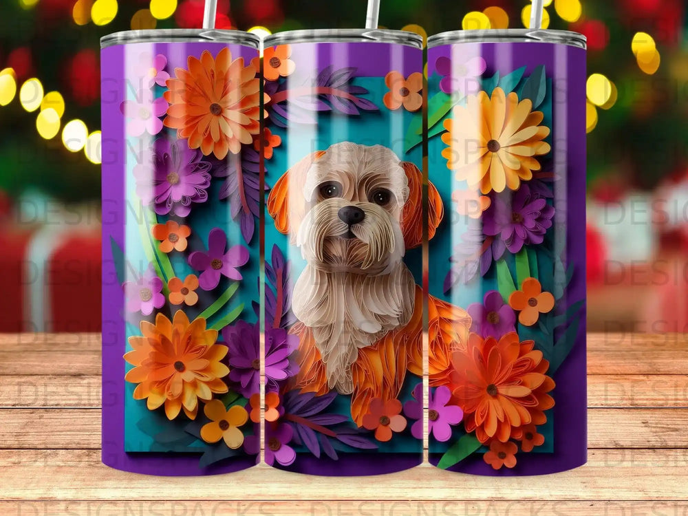 Shih Tzu dog surrounded by colorful paper flowers on a purple floral tumbler.