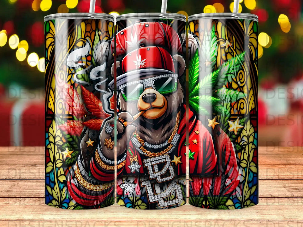 Bear wearing sunglasses and jewelry, smoking, with stained glass and cannabis leaves background.