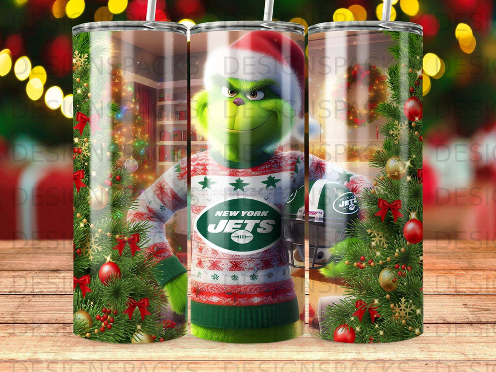 The Grinch in a New York Jets sweater with holiday decorations.