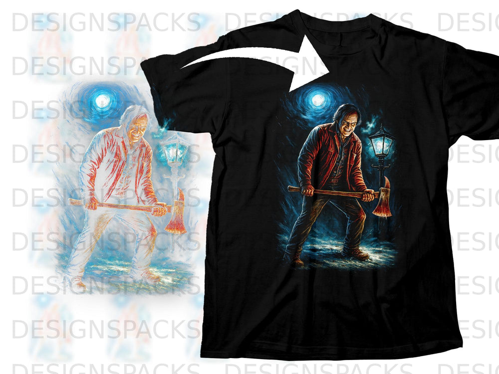 Black t-shirt featuring Jack Nicholson character with axe under a lamp.