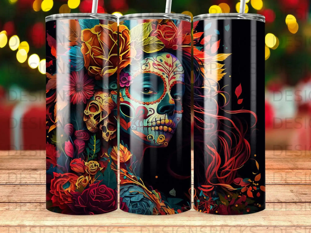 Sugar skull with colorful floral embellishments against a dark, bokeh background.