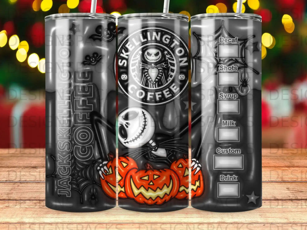 Jack Skellington coffee tumbler with Halloween pumpkin and spiderweb design.