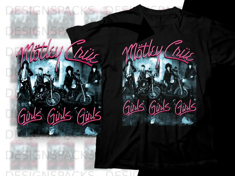 Mötley Crüe "Girls, Girls, Girls" t-shirt graphic with band on motorcycles.