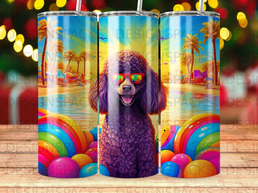 Purple poodle wearing sunglasses on a beach with colorful balls.