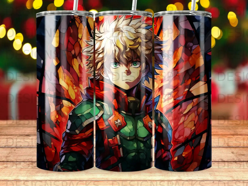 Anime character with spiky blond hair in a red and green costume.