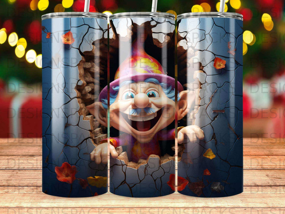 Cartoon gnome peeking through cracked wall with colorful leaves.