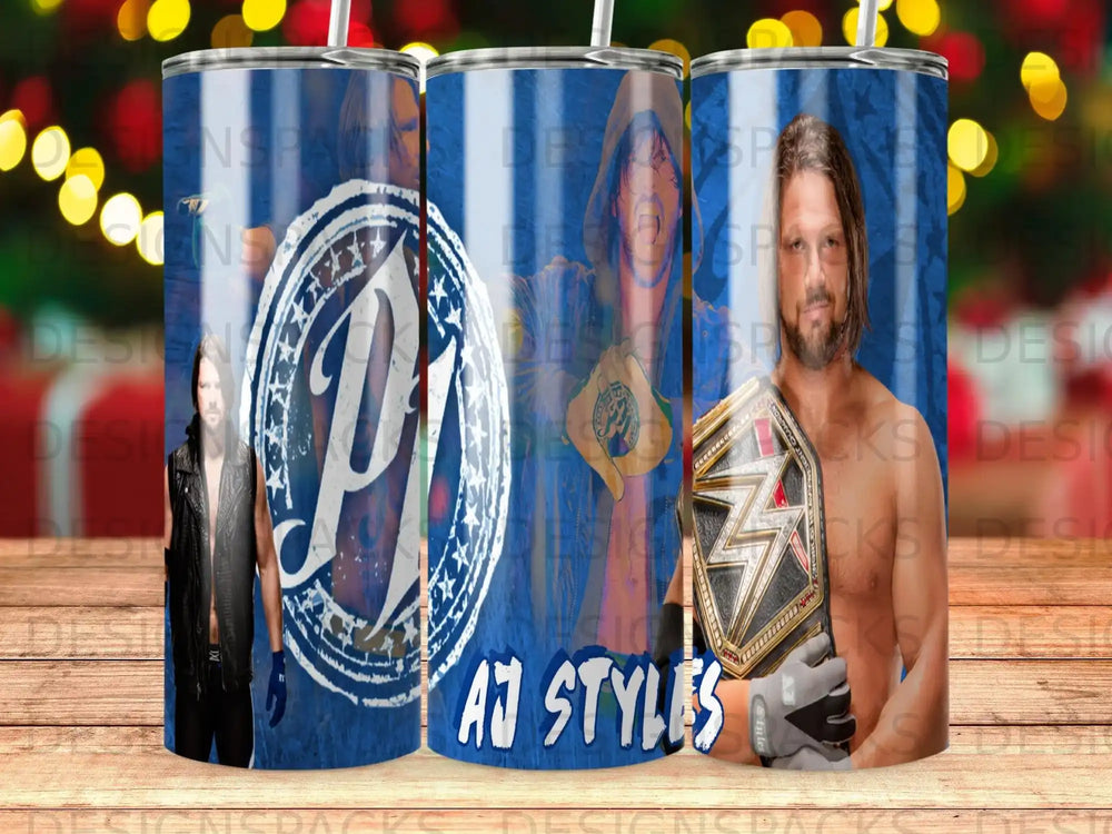 AJ Styles wearing a championship belt, with a large "P" logo overlay.